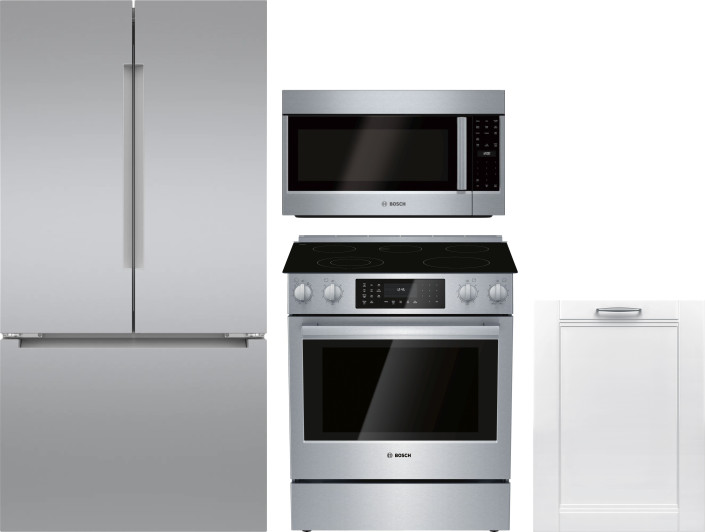 Bosch 4 Piece Kitchen Appliances Package with French Door Refrigerator, Electric Range, Dishwasher and Over the Range Microwave in Stainless Steel BOR
