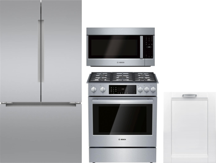 Bosch 4 Piece Kitchen Appliances Package with French Door Refrigerator, Dual Fuel Range, Dishwasher and Over the Range Microwave in Stainless Steel BO