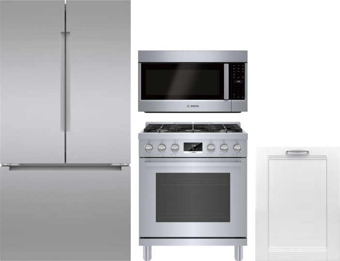 Bosch 4 Piece Kitchen Appliances Package with French Door Refrigerator, Gas Range, Dishwasher and Over the Range Microwave in Stainless Steel BORERADW