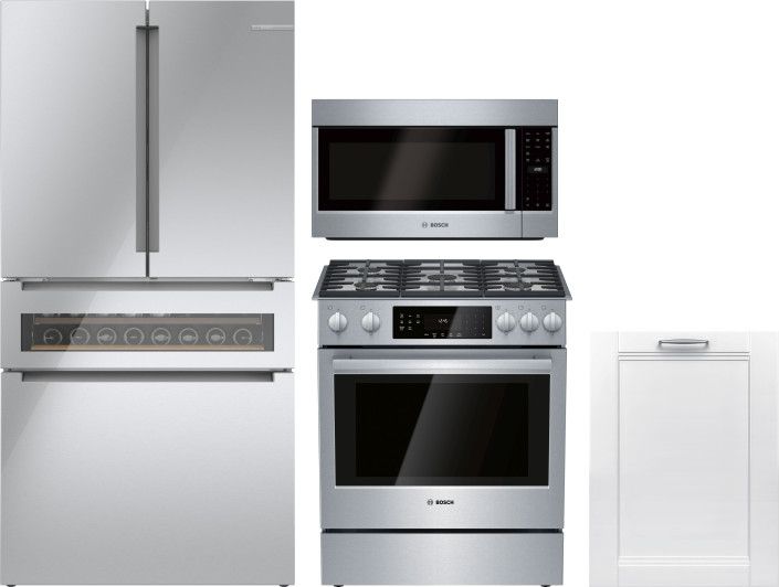 Bosch 4 Piece Kitchen Appliances Package with French Door Refrigerator, Gas Range, Over the Range Microwave and Dishwasher in Glass over Stainless Ste