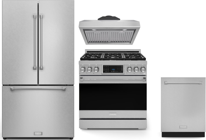 Thor Kitchen Gordon Ramsay Collection 4 Piece Kitchen Appliances Package with Gas Range, French Door Refrigerator and Dishwasher in Stainless Steel TH