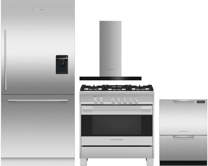 Fisher & Paykel Series 7 4 Piece Kitchen Appliances Package with Bottom Freezer Refrigerator, Gas Range and Dishwasher in Panel Ready FPRERADWRH6745