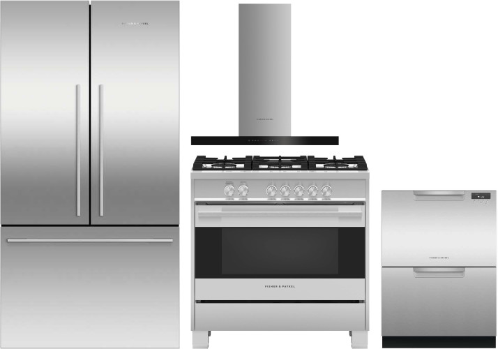 Fisher & Paykel Series 7 Contemporary 4 Piece Kitchen Appliances Package with French Door Refrigerator, Gas Range and Dishwasher in Stainless Steel FP