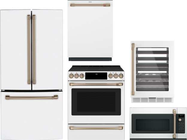 5 Piece Kitchen Appliances Package with French Door Refrigerator, Electric Range, Dishwasher and Over the Range Microwave in Matte White CAFE02042502
