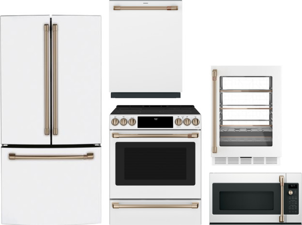 5 Piece Kitchen Appliances Package with French Door Refrigerator, Electric Range, Dishwasher and Over the Range Microwave in Matte White CAFE02042503