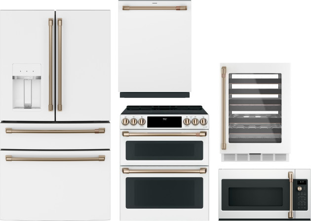 5 Piece Kitchen Appliances Package with French Door Refrigerator, Induction Range, Dishwasher and Over the Range Microwave in Matte White CAFE02042507