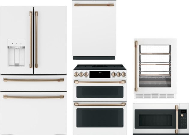 5 Piece Kitchen Appliances Package with French Door Refrigerator, Induction Range, Dishwasher and Over the Range Microwave in Matte White CAFE02042508