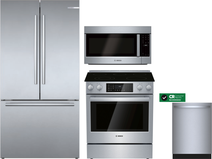 Bosch 4 Piece Kitchen Appliances Package with French Door Refrigerator, Electric Range, Dishwasher and Over the Range Microwave in Stainless Steel BOR