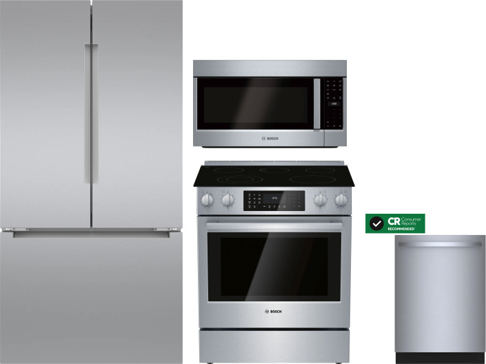 Bosch 4 Piece Kitchen Appliances Package with French Door Refrigerator, Electric Range, Dishwasher and Over the Range Microwave in Stainless Steel BOR