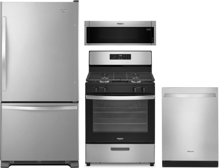 Whirlpool 4 Piece Kitchen Appliances Package with Bottom Freezer Refrigerator, Gas Range, Dishwasher and Over the Range Microwave in Stainless Steel W