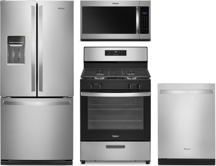 Whirlpool 4 Piece Kitchen Appliances Package with French Door Refrigerator, Gas Range, Dishwasher and Over the Range Microwave in Stainless Steel WPRE