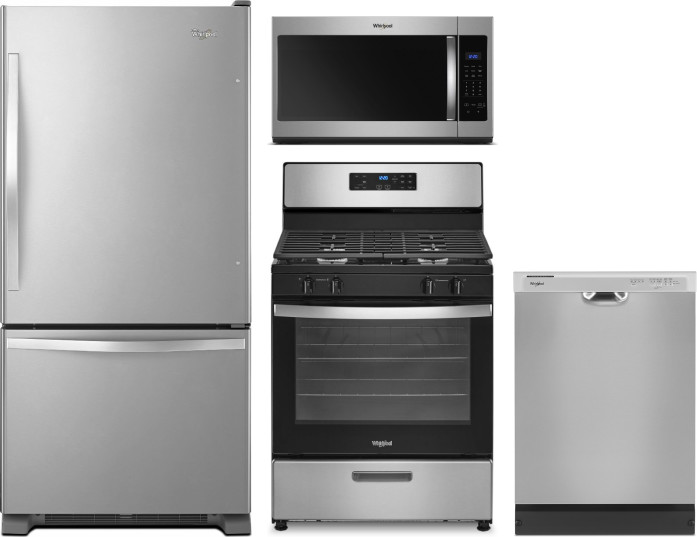 Whirlpool 4 Piece Kitchen Appliances Package with Bottom Freezer Refrigerator, Gas Range, Dishwasher and Over the Range Microwave in Stainless Steel W