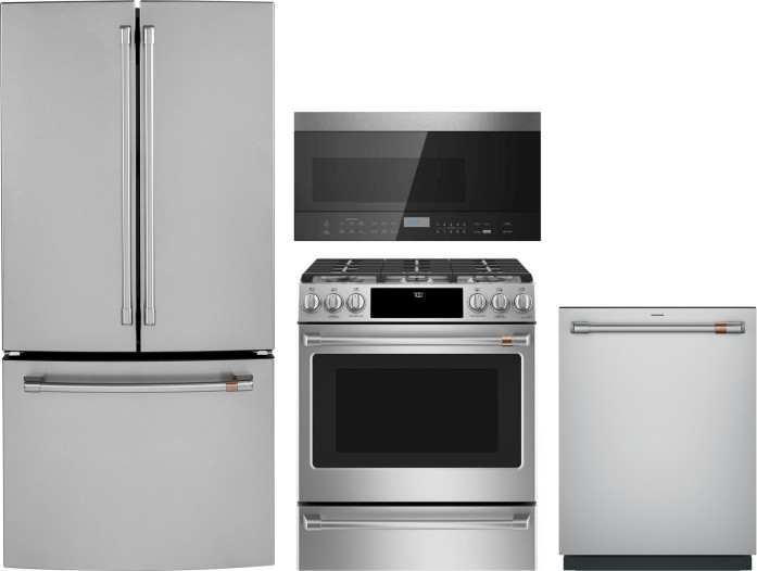 Cafe 4 Piece Kitchen Appliances Package with French Door Refrigerator, Gas Range, Dishwasher and Over the Range Microwave in Stainless Steel CAFE03112