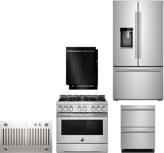 JennAir 5 Piece Kitchen Appliances Package with Gas Range, Dishwasher, Drawers Refrigerator and French Door Refrigerator in Stainless Steel JENNAIR032
