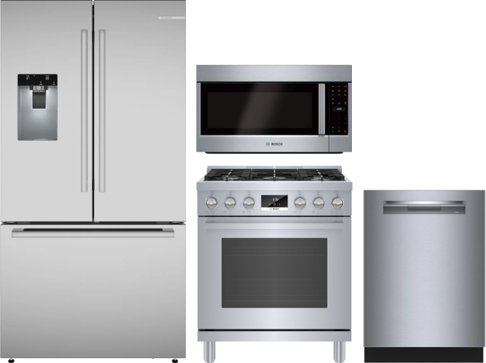 Bosch 4 Piece Kitchen Appliances Package with French Door Refrigerator, Gas Range, Dishwasher and Over the Range Microwave in Stainless Steel BORERADW