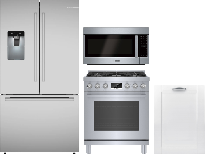 Bosch 4 Piece Kitchen Appliances Package with French Door Refrigerator, Gas Range, Dishwasher and Over the Range Microwave in Stainless Steel BORERADW