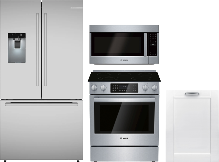 Bosch 4 Piece Kitchen Appliances Package with French Door Refrigerator, Electric Range, Dishwasher and Over the Range Microwave in Stainless Steel BOR