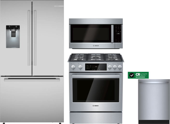 Bosch 4 Piece Kitchen Appliances Package with French Door Refrigerator, Gas Range, Dishwasher and Over the Range Microwave in Stainless Steel BORERADW