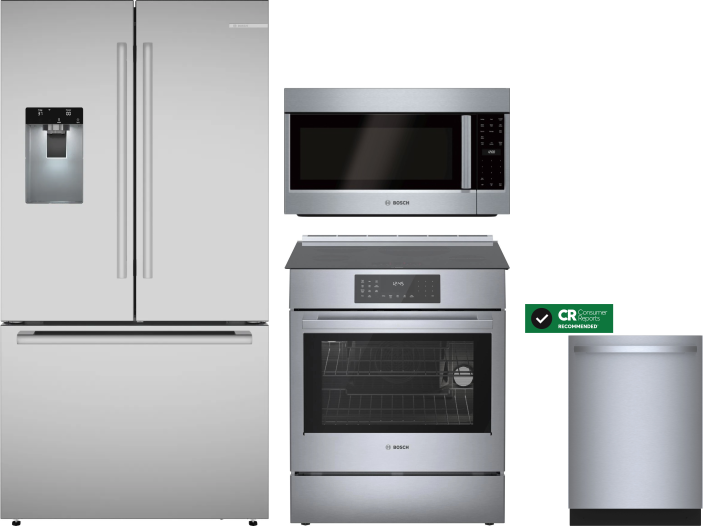 Bosch 4 Piece Kitchen Appliances Package with French Door Refrigerator, Induction Range, Dishwasher and Over the Range Microwave in Stainless Steel BO