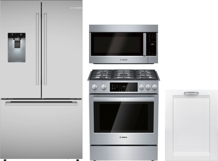 Bosch 4 Piece Kitchen Appliances Package with French Door Refrigerator, Gas Range, Dishwasher and Over the Range Microwave in Stainless Steel BORERADW