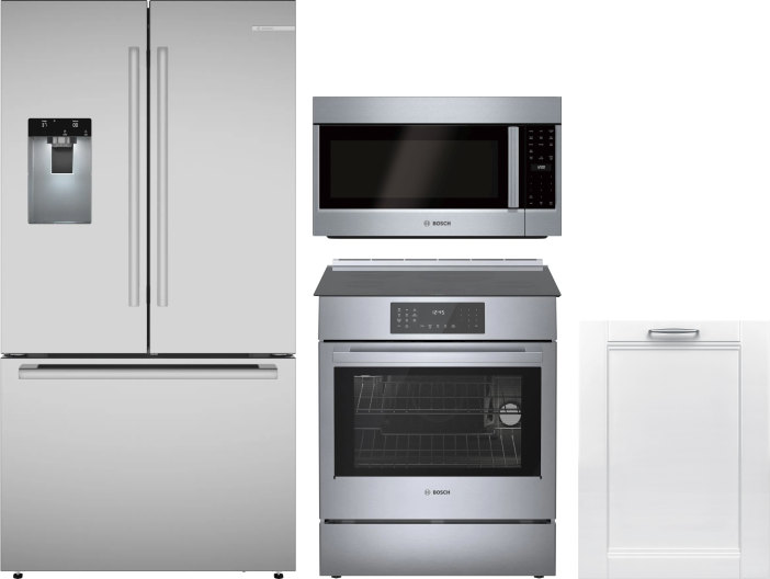 Bosch 4 Piece Kitchen Appliances Package with French Door Refrigerator, Induction Range, Dishwasher and Over the Range Microwave in Stainless Steel BO