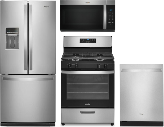 Whirlpool 4 Piece Kitchen Appliances Package with French Door Refrigerator, Gas Range, Dishwasher and Over the Range Microwave in Stainless Steel WPRE