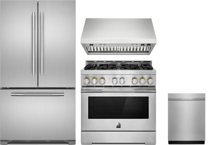JennAir RISE 4 Piece Kitchen Appliances Package with Gas Range, French Door Refrigerator and Dishwasher in Stainless Steel JARAREDWRH4