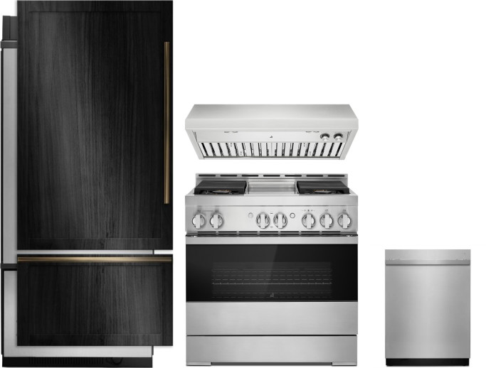 JennAir 4 Piece Kitchen Appliances Package with Bottom Freezer Refrigerator, Gas Range and Dishwasher in Panel Ready JARERHRADW7