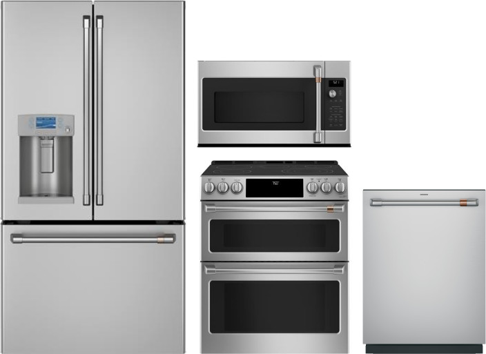 Cafe 4 Piece Kitchen Appliances Package with French Door Refrigerator, Electric Range, Dishwasher and Over the Range Microwave in Stainless Steel CAFR