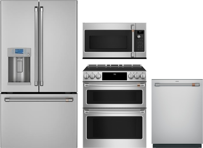 Cafe 4 Piece Kitchen Appliances Package with French Door Refrigerator, Induction Range, Dishwasher and Over the Range Microwave in Stainless Steel CAF