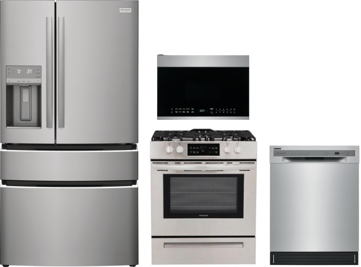 Frigidaire 4 Piece Kitchen Appliances Package with French Door Refrigerator, Gas Range, Over the Range Microwave and Dishwasher in Stainless Steel FRR