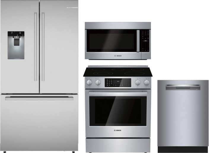 Bosch 4 Piece Kitchen Appliances Package with French Door Refrigerator, Electric Range, Dishwasher and Over the Range Microwave in Stainless Steel BOR