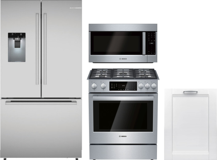 Bosch 4 Piece Kitchen Appliances Package with French Door Refrigerator, Gas Range, Over the Range Microwave and Dishwasher in Stainless Steel BORERAMW