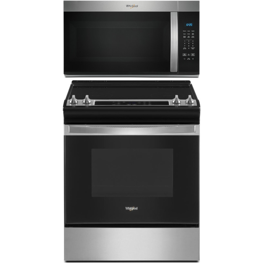 Whirlpool 2 Piece Kitchen Appliances Package with Electric Range and Over the Range Microwave in Stainless Steel WPRAMW106