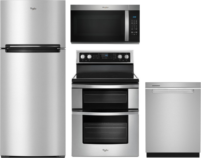 Whirlpool 4 Piece Kitchen Appliances Package with Top Freezer Refrigerator, Electric Range, Dishwasher and Over the Range Microwave in Stainless Steel