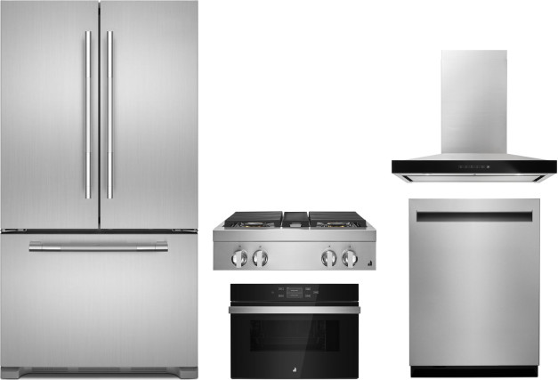 JennAir 5 Piece Kitchen Appliances Package with French Door Refrigerator and Dishwasher in Stainless Steel JAREWOCTDWRH6