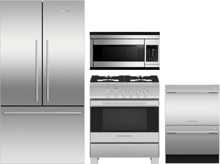 Fisher & Paykel Series 7 Contemporary 4 Piece Kitchen Appliances Package with French Door Refrigerator, Gas Range, Dishwasher and Over the Range Micro