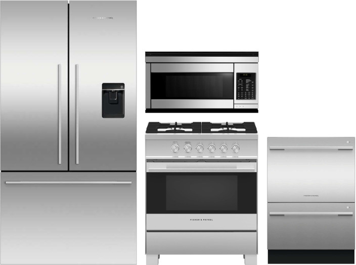 Fisher & Paykel Series 7 Contemporary 4 Piece Kitchen Appliances Package with French Door Refrigerator, Gas Range, Dishwasher and Over the Range Micro