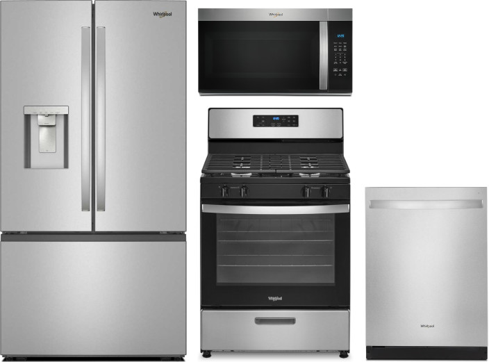 Whirlpool 4 Piece Kitchen Appliances Package with French Door Refrigerator, Gas Range, Dishwasher and Over the Range Microwave in Fingerprint Resistan