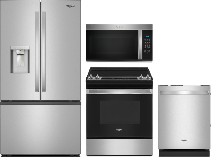 Whirlpool 4 Piece Kitchen Appliances Package with French Door Refrigerator, Electric Range, Over the Range Microwave and Dishwasher in Fingerprint Res