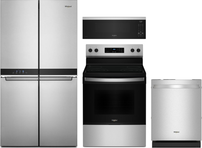 Whirlpool 4 Piece Kitchen Appliances Package with French Door Refrigerator, Electric Range, Dishwasher and Over the Range Microwave in Fingerprint Res