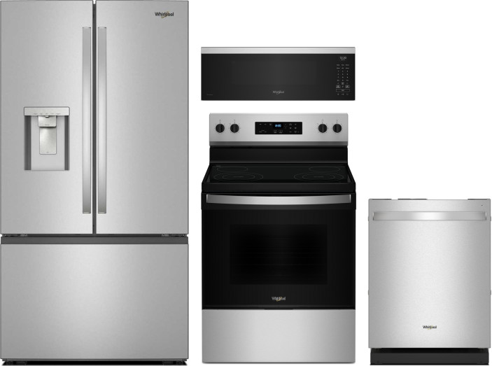 Whirlpool 4 Piece Kitchen Appliances Package with French Door Refrigerator, Electric Range, Dishwasher and Over the Range Microwave in Fingerprint Res