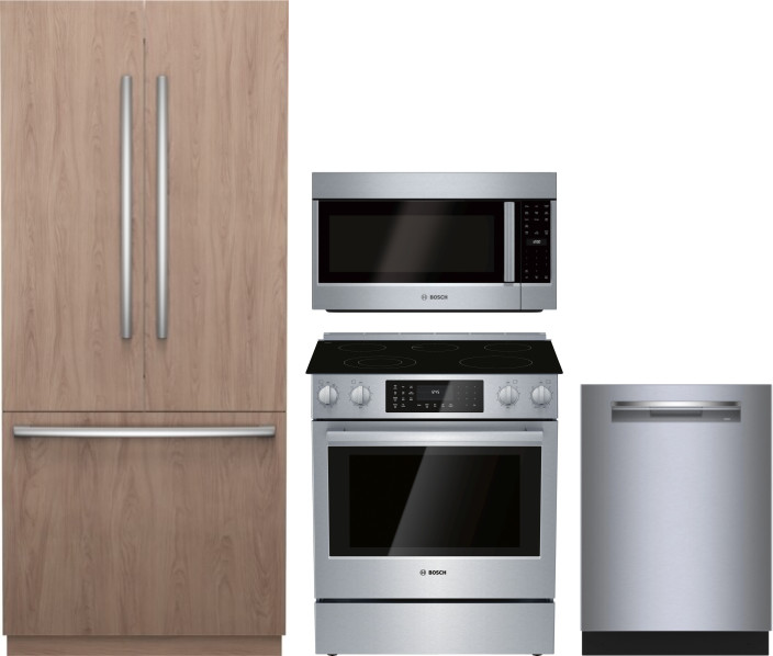 Bosch 4 Piece Kitchen Appliances Package with French Door Refrigerator, Electric Range, Dishwasher and Over the Range Microwave in Panel Ready BORERAD