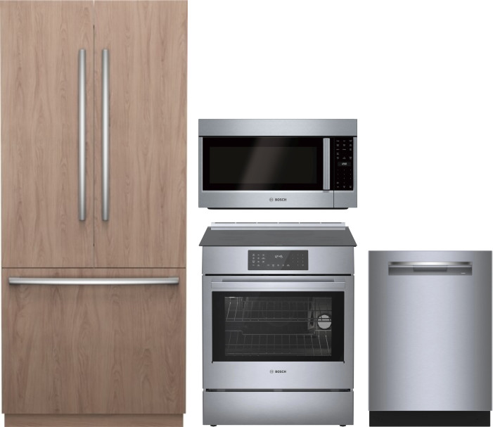 Bosch 4 Piece Kitchen Appliances Package with French Door Refrigerator, Induction Range, Dishwasher and Over the Range Microwave in Panel Ready BORERA