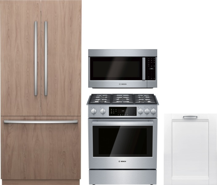 Bosch 4 Piece Kitchen Appliances Package with French Door Refrigerator, Gas Range, Over the Range Microwave and Dishwasher in Panel Ready BORERAMWDW56