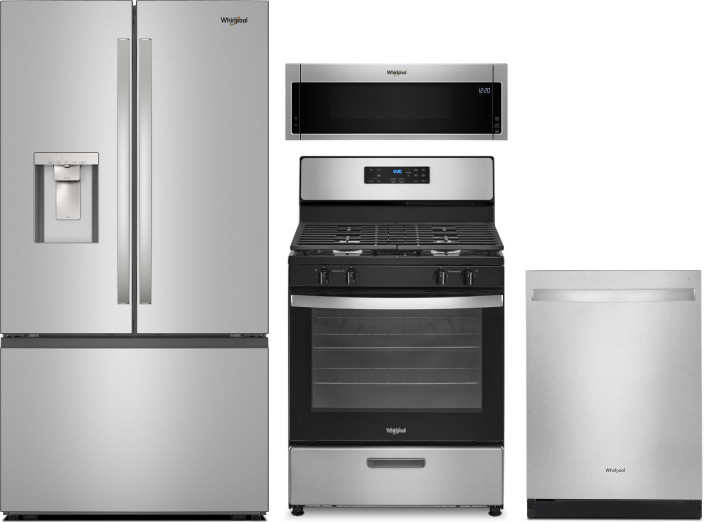 Whirlpool 4 Piece Kitchen Appliances Package with French Door Refrigerator, Gas Range, Dishwasher and Over the Range Microwave in Fingerprint Resistan