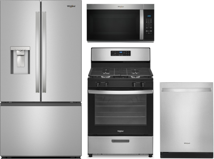 Whirlpool 4 Piece Kitchen Appliances Package with French Door Refrigerator, Gas Range, Dishwasher and Over the Range Microwave in Fingerprint Resistan