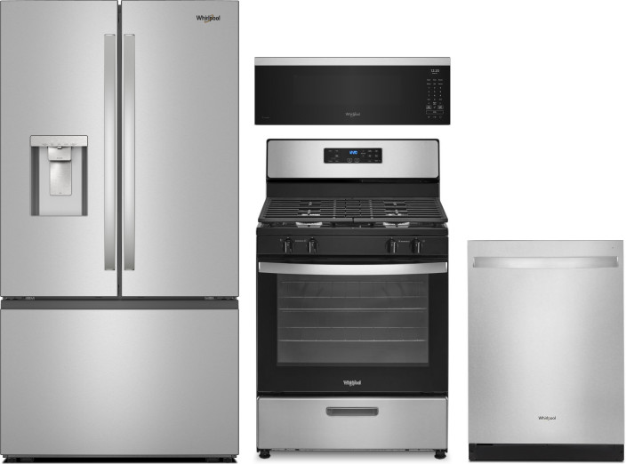 Whirlpool 4 Piece Kitchen Appliances Package with French Door Refrigerator, Gas Range, Dishwasher and Over the Range Microwave in Fingerprint Resistan