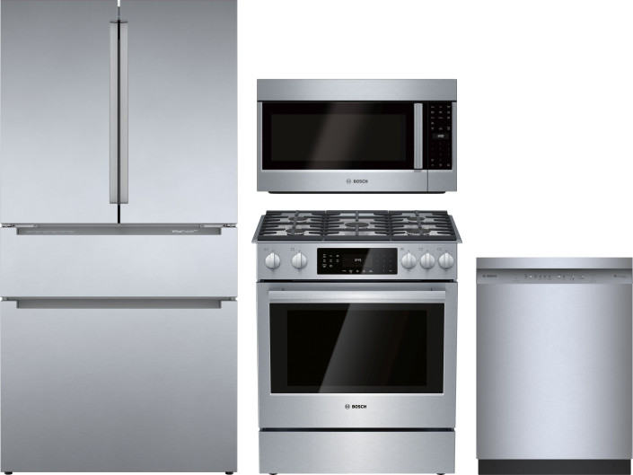 Bosch 4 Piece Kitchen Appliances Package with French Door Refrigerator, Gas Range, Dishwasher and Over the Range Microwave in Stainless Steel BORERADW