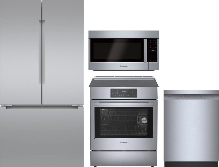 Bosch 4 Piece Kitchen Appliances Package with French Door Refrigerator, Induction Range, Dishwasher and Over the Range Microwave in Stainless Steel BO
